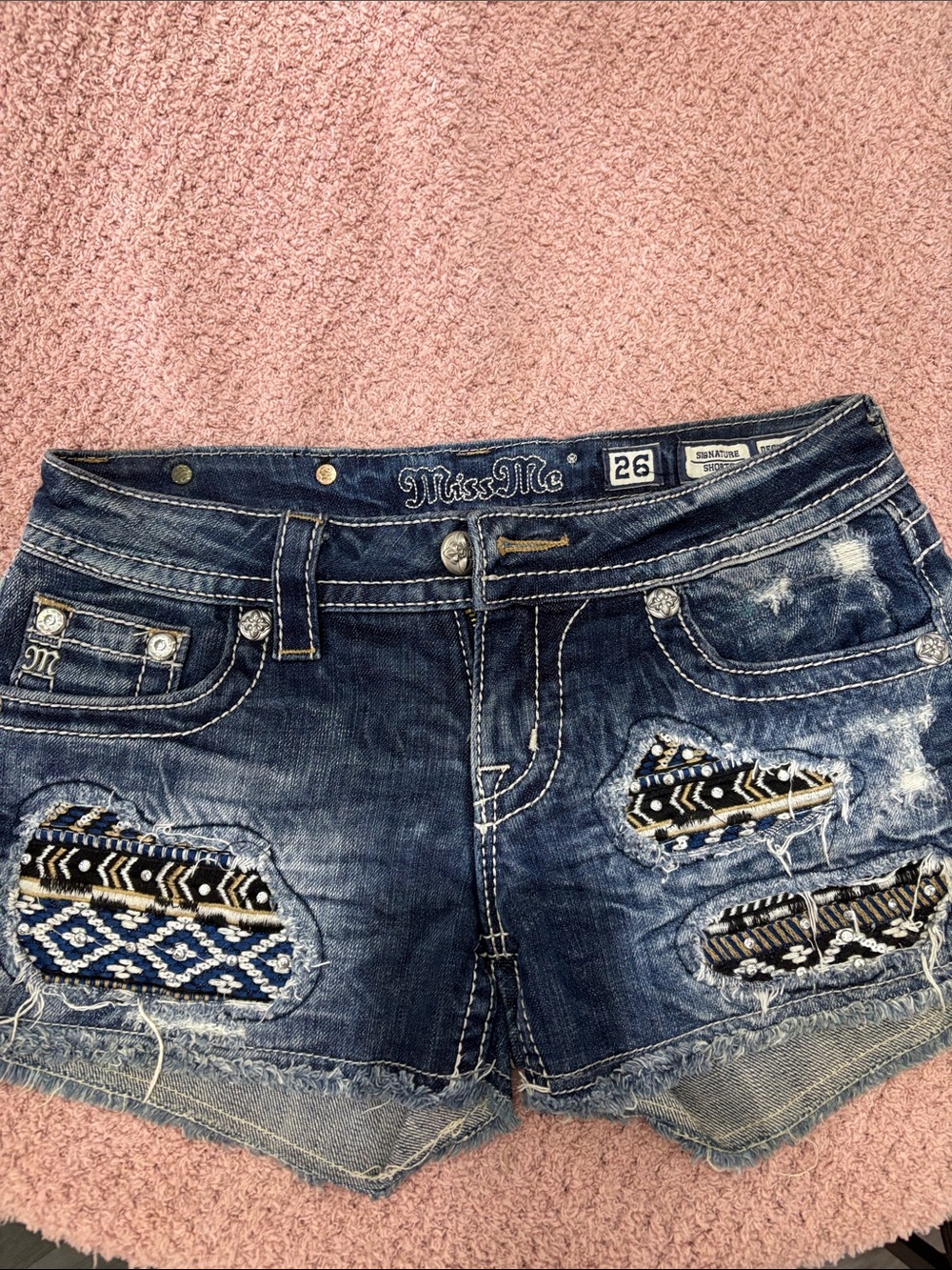 Miss Me Blue Distressed Denim Shorts with Embroidered Patch Details